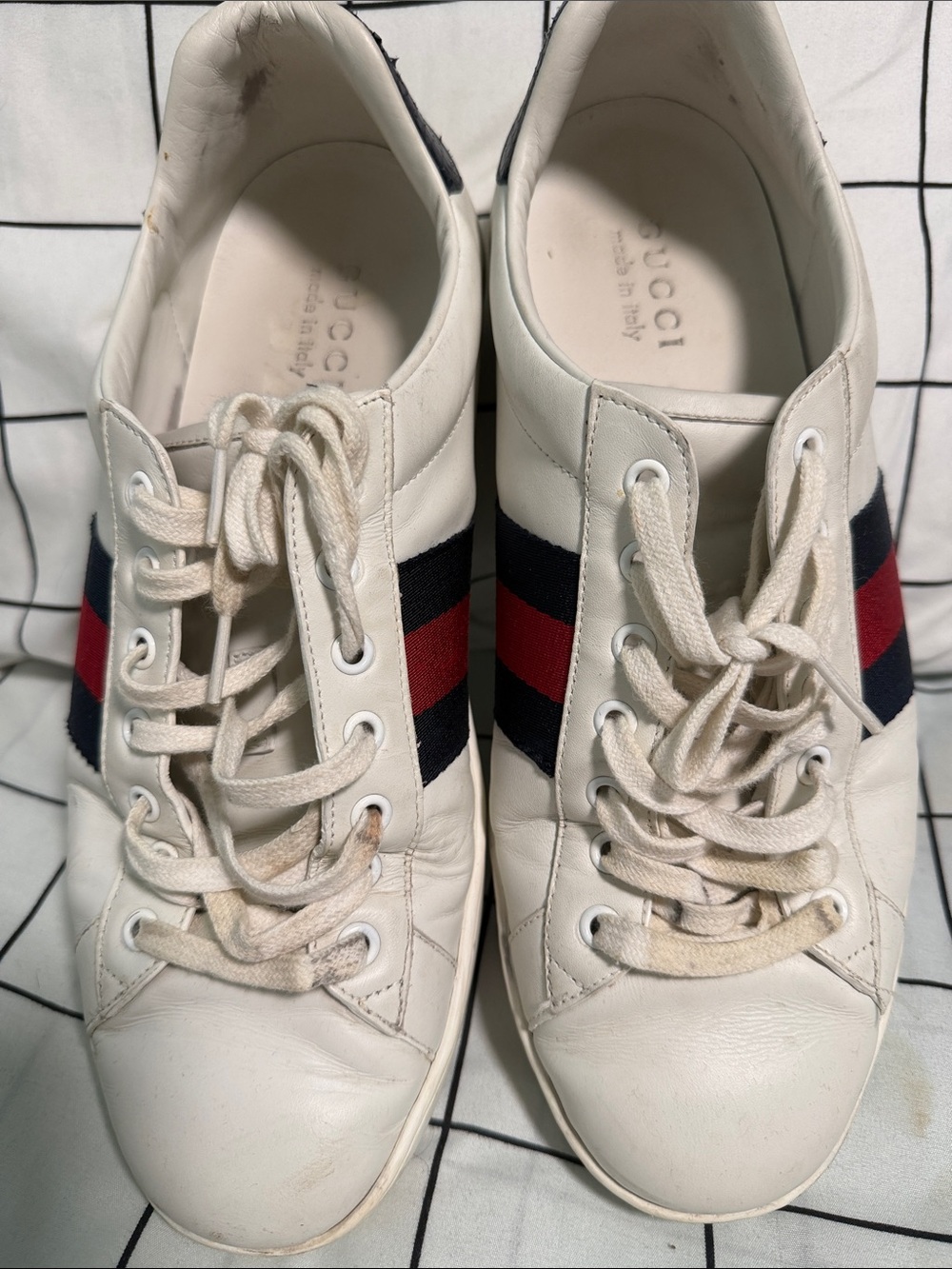 Gucci Kids White Leather Sneakers with Red & Blue Web Stripe